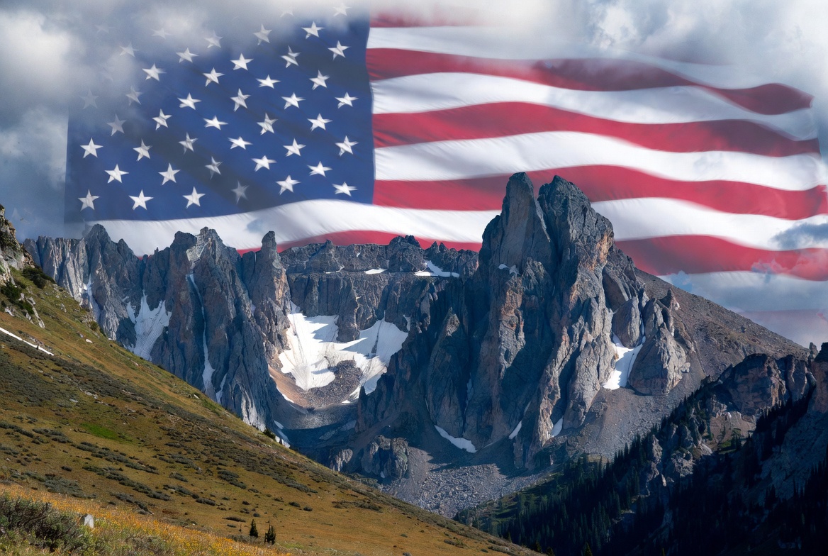 Montana mountains with American flag